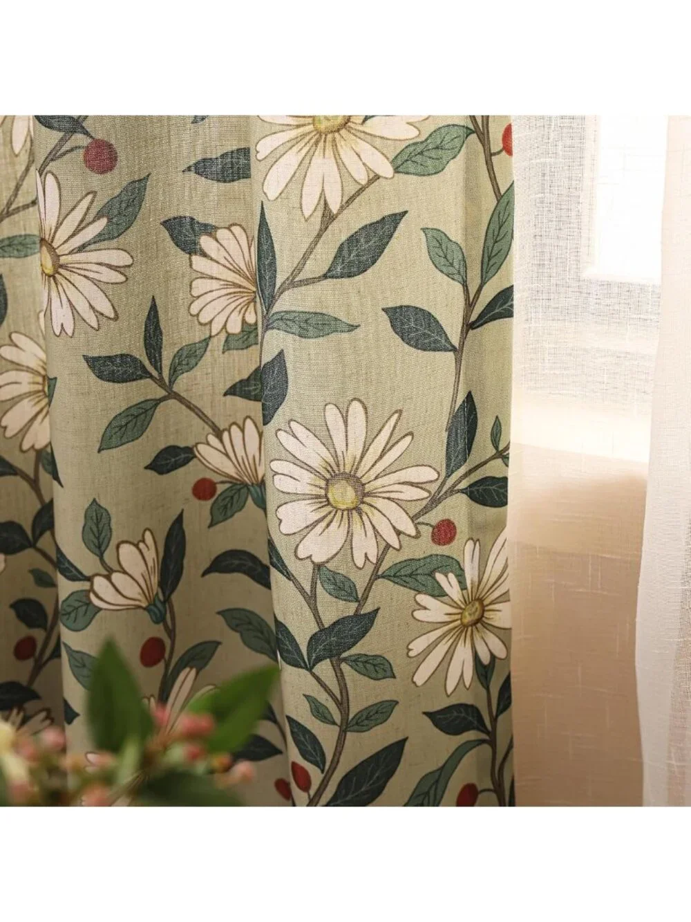 Elegant Green Linen Printed Curtains, 2 Panels, 87